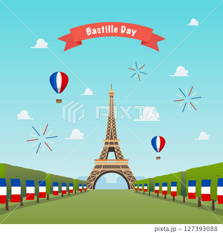 Eiffel tower against the sky. Bastille day poster Eiffel tower against the sky. Bastille day poster 127393088