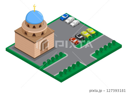 Car park near the city mosque building. Gathering of local residents for regular evening prayers at a local Muslim temple. Aerial view 3D vector isolated on white background Car park near the city mosque building. Gathering of local residents for regular evening prayers at a local Muslim temple. Aerial view 3D vector isolated on white background 127393181