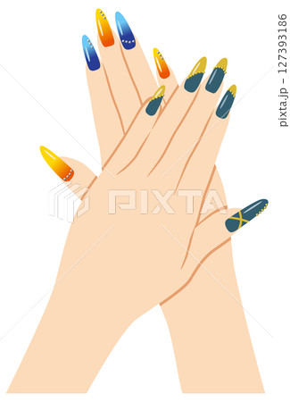 長くて派手なネイルアートをした手のイメージイラスト 127393186