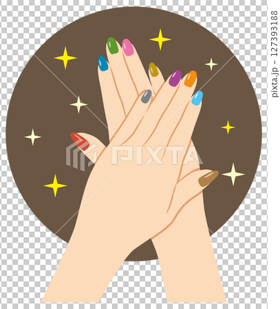 一隻手的插圖，上面有閃閃發光的指甲藝術 127393188