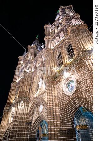 Low-angle night view of Jardin's brick Basilica of the Immaculate Conception, its ornate neo-gothic facade, arches, and soaring spires brilliantly floodlit against a pitch-black sky 127393190