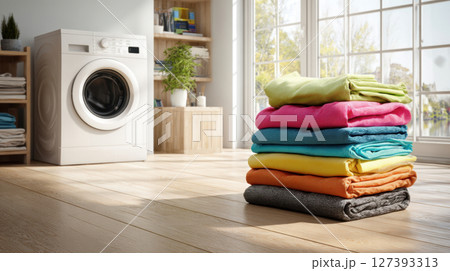 Modern laundry room with product display surrounded by colorful clothes and washing machine in bright home Modern laundry room with product display surrounded by colorful clothes and washing machine in bright home 127393313