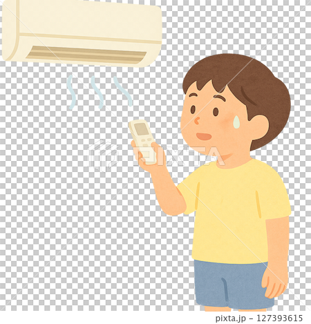 Illustration of a sweaty boy cooling off by turning on the air conditioner, flat illustration of a child operating the air conditioner while enduring the heat 127393615