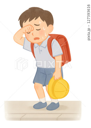 登下校中に暑さでぐったりする小学生の男の子,汗だくで帽子を手に熱中症になりかけた子どものイラスト,真 127393616