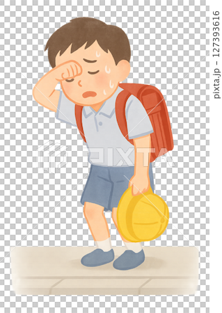 登下校中に暑さでぐったりする小学生の男の子,汗だくで帽子を手に熱中症になりかけた子どものイラスト,真 127393616