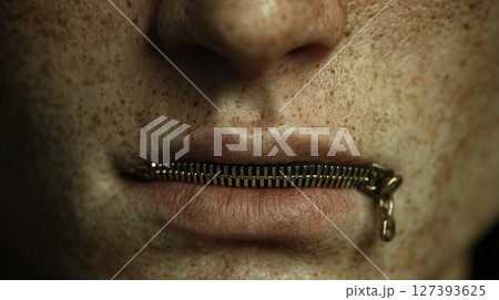 surreal concept portrait of person with zipper sealing mouth symbolizing legal gag order and censorship 127393625