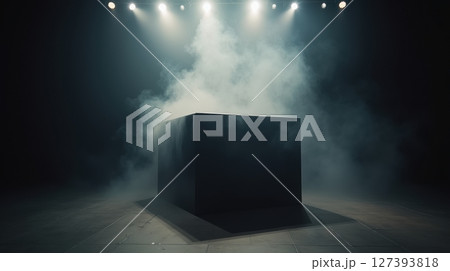 A mysterious black box surrounded by smoke and stage lights A mysterious black box surrounded by smoke and stage lights 127393818