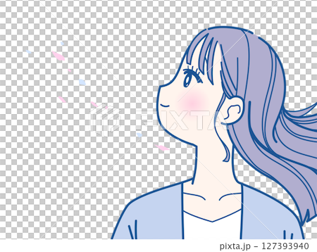A woman in profile with her hair fluttering A woman in profile with her hair fluttering 127393940