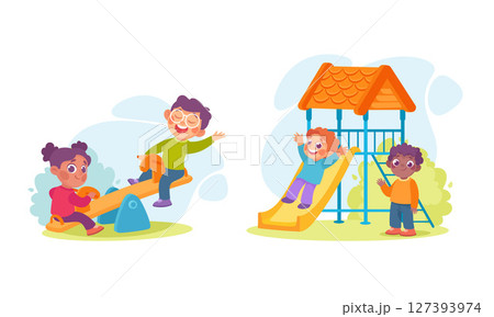 Children are joyfully playing together in a vibrant and colorful playground setting Children are joyfully playing together in a vibrant and colorful playground setting 127393974