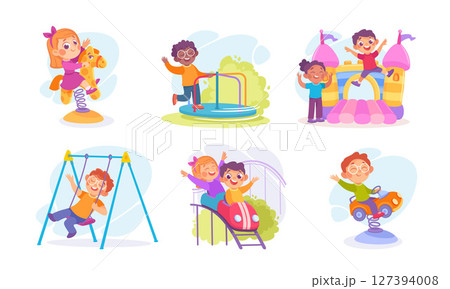 A vibrant and colorful illustration of cheerful cartoon kids joyfully playing at the playground 127394008