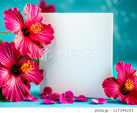 Colorful hibiscus flowers in shades of pink frame a pristine white canvas against a vibrant turquoise backdrop, evoking a sense of tropical beauty and artistic potential Generative AI Colorful hibiscus flowers in shades of pink frame a pristine white canvas against a vibrant turquoise backdrop, evoking a sense of tropical beauty and artistic potential Generative AI 127394281
