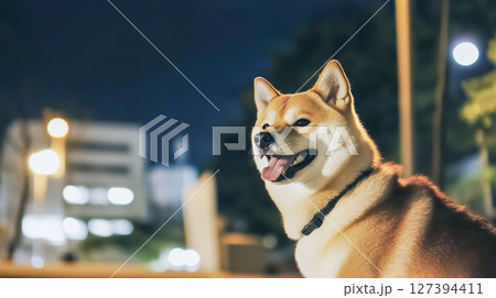 夜の街にたたずむ柴犬の横顔 夜の街にたたずむ柴犬の横顔 127394411