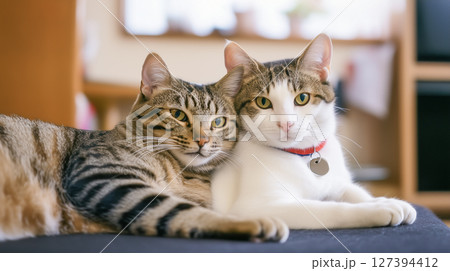 室内でくつろぐ2匹の日本猫 室内でくつろぐ2匹の日本猫 127394412