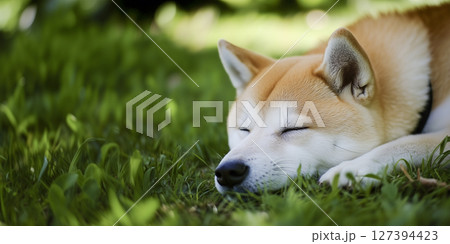 芝生の上で眠る柴犬の穏やかな午後 127394423