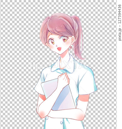 Nurse with electronic medical record, ponytail, smiling Nurse with electronic medical record, ponytail, smiling 127394436