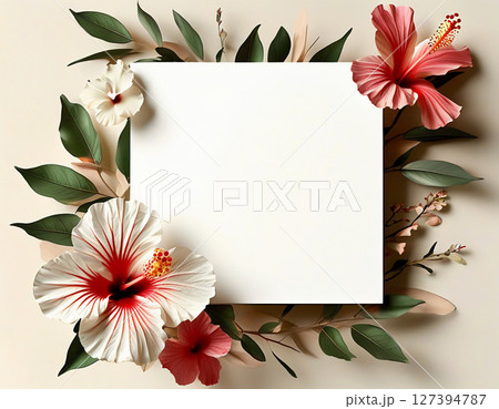A stunning arrangement of white and red hibiscus blossoms surrounds a blank square with vibrant green leaves, inviting creativity in a tropical atmosphere filled with natural beauty Generative AI A stunning arrangement of white and red hibiscus blossoms surrounds a blank square with vibrant green leaves, inviting creativity in a tropical atmosphere filled with natural beauty Generative AI 127394787