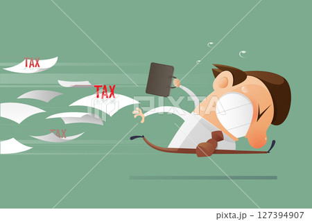 Cartoon illustration shows a businessman trying to avoid heavy tax. 127394907
