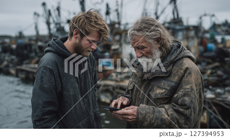 Tech-savvy young adult shares knowledge with elderly in a coastal harbor 127394953