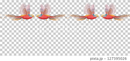 Flying tropical birds with long tails form an elegant seamless border. Hand-painted in watercolor, perfect for wedding stationery, branding, fabric prints, and summer-themed projects. Golden pheasant 127395026