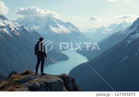 Man stand shore, looks into distance water. Background mountain. AI Generative 127395073