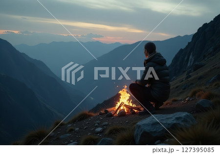 Woman hiking tourist in mountains. Active vacation in nature. AI Generative Woman hiking tourist in mountains. Active vacation in nature. AI Generative 127395085