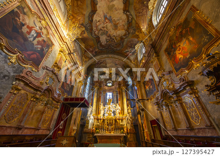 Interior of Cathedral Basilica of St. Emmeram showing baroque architecture and frescoes in Nitra, Slovakia Interior of Cathedral Basilica of St. Emmeram showing baroque architecture and frescoes in Nitra, Slovakia 127395427