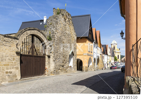Ustek street view with colorful houses and ancient gate in Czechia 127395510