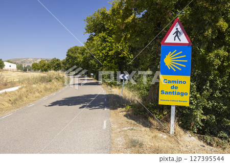 Camino de Santiago sign marking the way for pilgrims walking to Santiago de Compostela in Castrojeriz, Spain Camino de Santiago sign marking the way for pilgrims walking to Santiago de Compostela in Castrojeriz, Spain 127395544