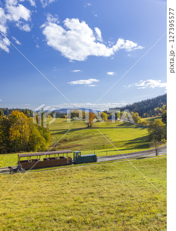 Narrow gauge railway in Beskid sedlo, Orava region in Slovakia during sunny autumn day Narrow gauge railway in Beskid sedlo, Orava region in Slovakia during sunny autumn day 127395577