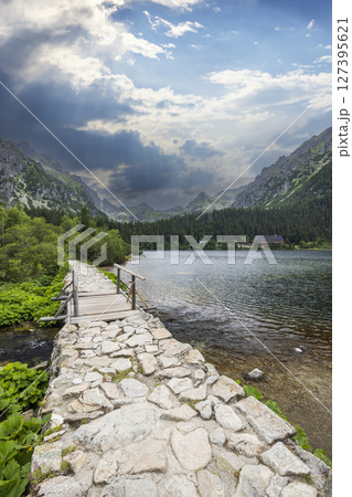 Stone path leading to Popradske pleso mountain lake in High Tatras, Slovakia 127395621