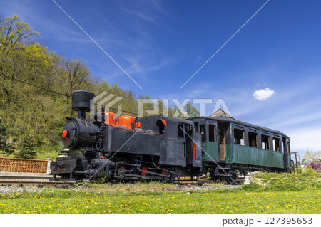 Old steam locomotive with passenger car standing on narrow gauge railway in Slovakia 127395653