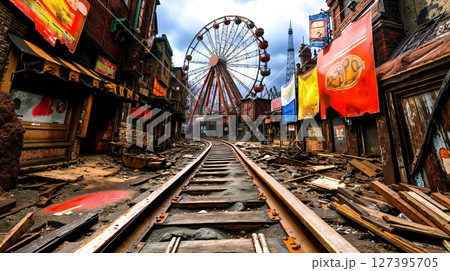 A train track in an abandoned city with a ferris wheel in the background A train track in an abandoned city with a ferris wheel in the background 127395705