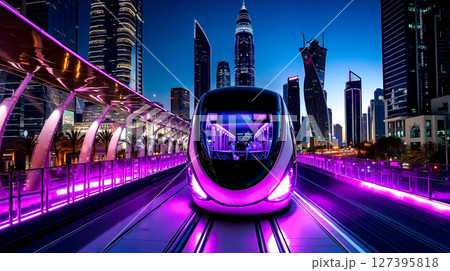 A purple train traveling through a city at night A purple train traveling through a city at night 127395818
