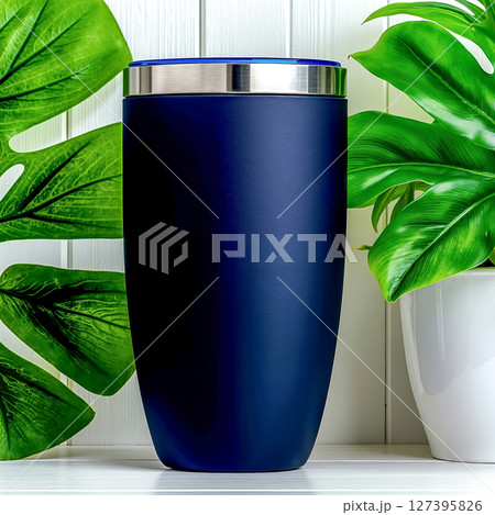 A black tumbler sitting on top of a table next to a potted plant A black tumbler sitting on top of a table next to a potted plant 127395826