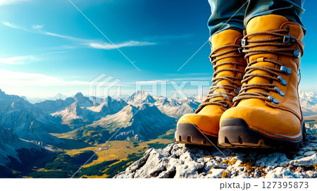 A pair of hiking boots sitting on top of a mountain A pair of hiking boots sitting on top of a mountain 127395873