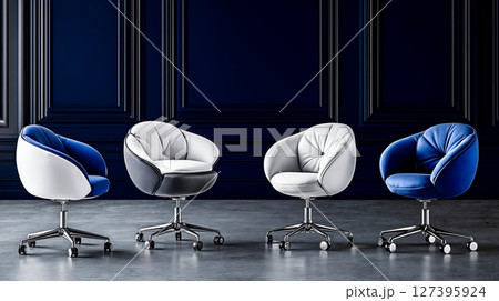 A group of four chairs sitting next to each other in a room A group of four chairs sitting next to each other in a room 127395924