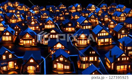 A large group of houses lit up at night 127395925