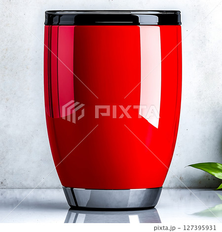 A red vase sitting on top of a table next to a plant 127395931