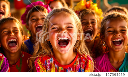 A group of children laughing together in a group 127395939