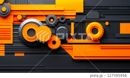 An orange and black background with gears on it 127395956
