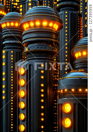 A group of dalek lights are lit up in a row A group of dalek lights are lit up in a row 127395959