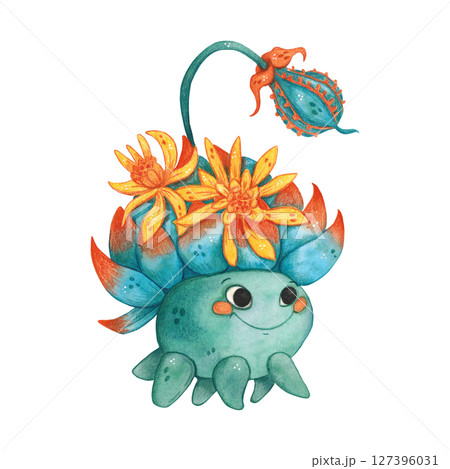 Magical, fictional character, bright flower, succulent. Watercolor illustration, hand drawn, cartoon. For scrapbooking, journaling, stickers, printing. Plant, flower, fruit, character, funny, magic Magical, fictional character, bright flower, succulent. Watercolor illustration, hand drawn, cartoon. For scrapbooking, journaling, stickers, printing. Plant, flower, fruit, character, funny, magic 127396031