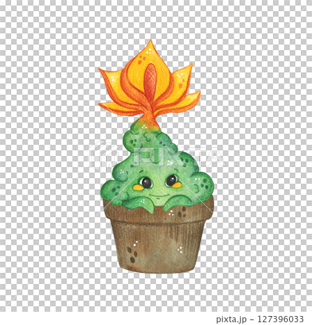 Magical, fictional plant character, with a bright flower on top, in a flowerpot. Watercolor illustration, hand drawn, cartoon. For scrapbooking, journaling, stickers, printing. Plant, fairy tale Magical, fictional plant character, with a bright flower on top, in a flowerpot. Watercolor illustration, hand drawn, cartoon. For scrapbooking, journaling, stickers, printing. Plant, fairy tale 127396033