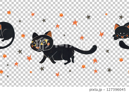 Seamless border with a black cat among black and orange stars 127396045