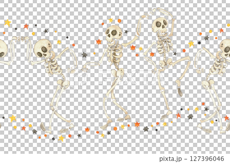 Seamless border with dancing skeletons among black and orange stars 127396046