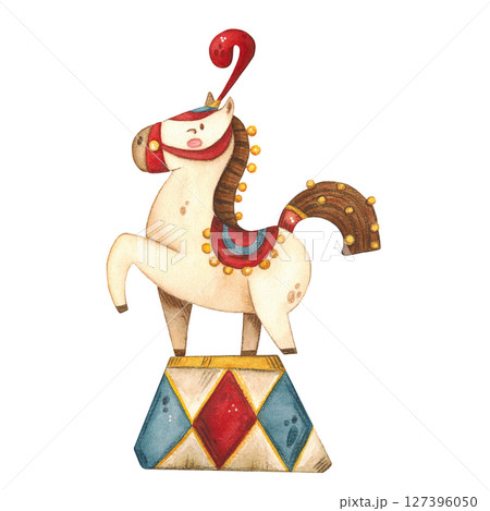A cream horse in an elegant decoration stands on a circus stand 127396050