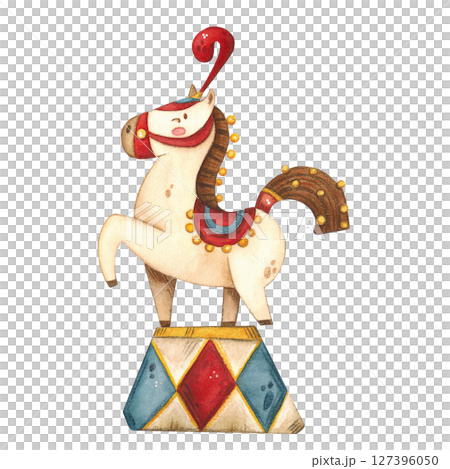 A cream horse in an elegant decoration stands on a circus stand 127396050