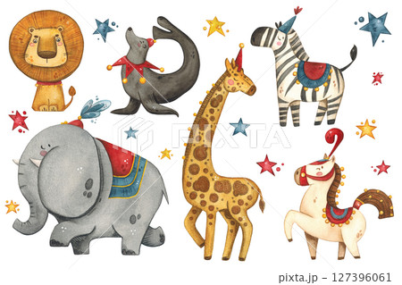 Set of circus animals: elephant, giraffe, lion, zebra, seal, horse 127396061