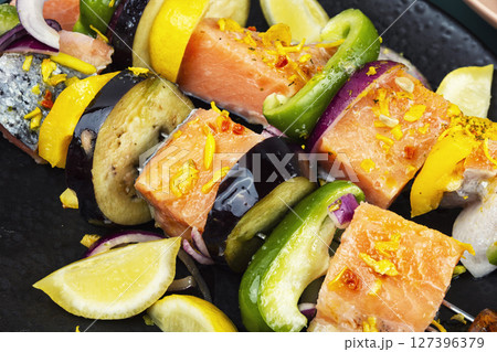 Salmon and Vegetable Kebabs. 127396379