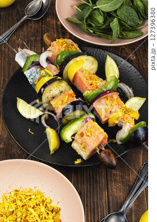 Salmon and Vegetable Kebabs. 127396380